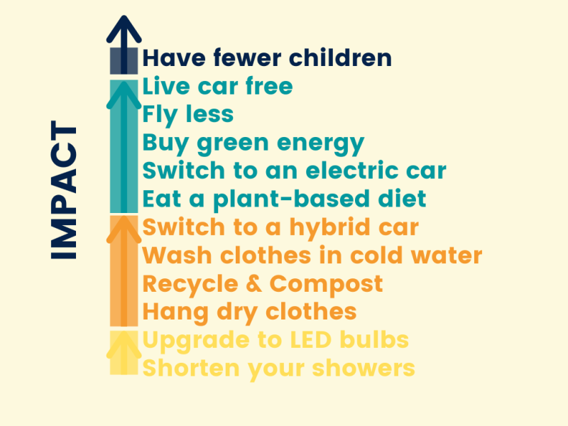 Low impact items are often the easiest to accomplish. Higher impact actions require more effort through lifestyle choices or habit change.  Change doesn't happen overnight --start working toward a more sustainable tomorrow by choosing one of the things on this list to start doing, talk about, or research into more.