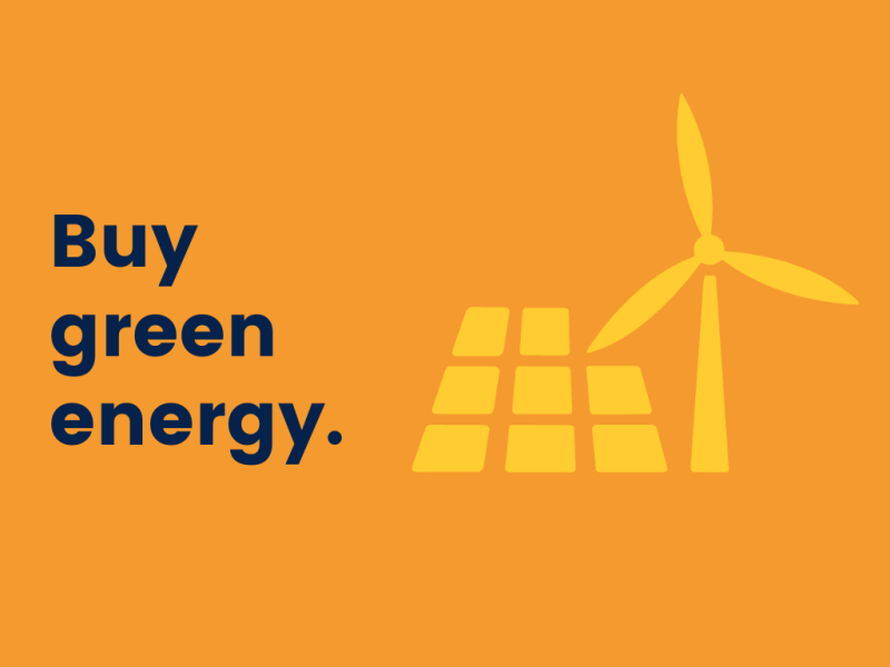 "Buy green energy." with an icon of solar panels and a wind turbine. 
